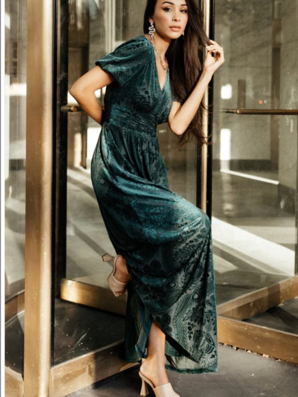 Baltic Born Leslie Embossed Velvet Maxi Emerald Size L Dress Short Sleeve NWT - Picture 11 of 14